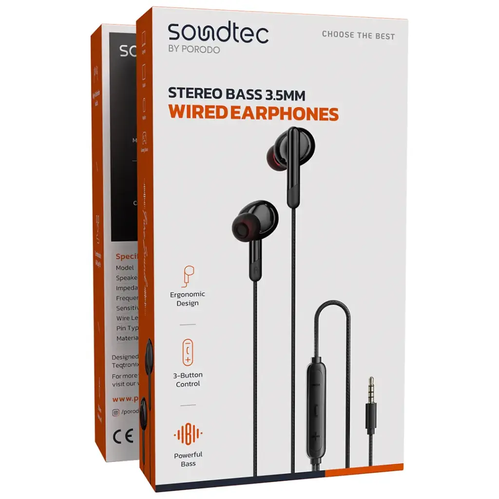 PORODO SOUNDTEC STEREO BASS 3.5MM WIRED EARPHONES BLACK PDWEC25BK - Image 2