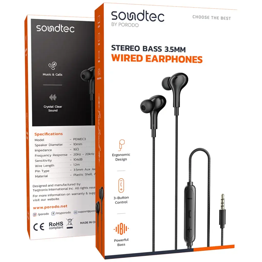 PORODO SOUNDTEC STEREO BASS 3.5MM WIRED EARPHONES BLACK PDWEC3BK - Image 2