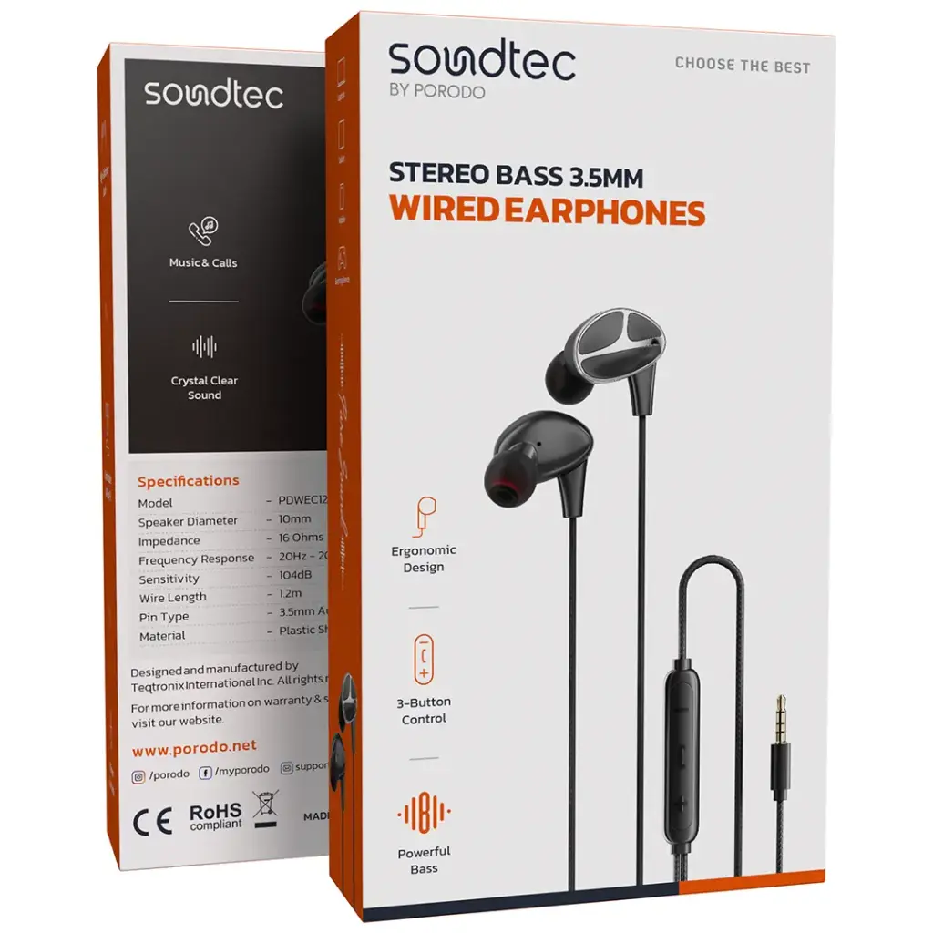 PORODO SOUNDTEC STEREO BASS 3.5MM WIRED EARPHONES BLACK PDWEC12BK - Image 2