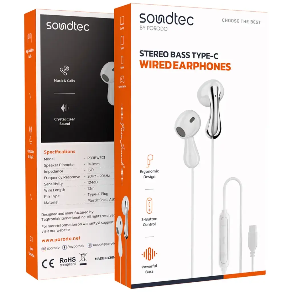 PORODO SOUNDTEC STEREO BASS TYPE C WIRED EARPHONES WHITE PD3BWEC1WH - Image 3