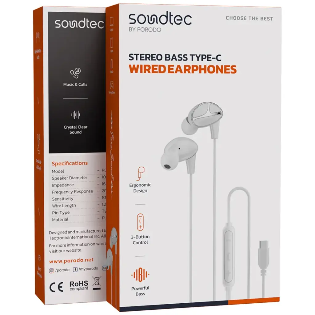 PORODO SOUNDTEC STEREO BASS TYPE C WIRED EARPHONES WHITE PD3BWEC12WH - Image 3