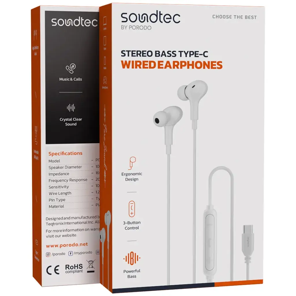 PORODO SOUNDTEC STEREO BASS TYPE C WIRED EARPHONES WHITE PD3BWEC3WH - Image 2