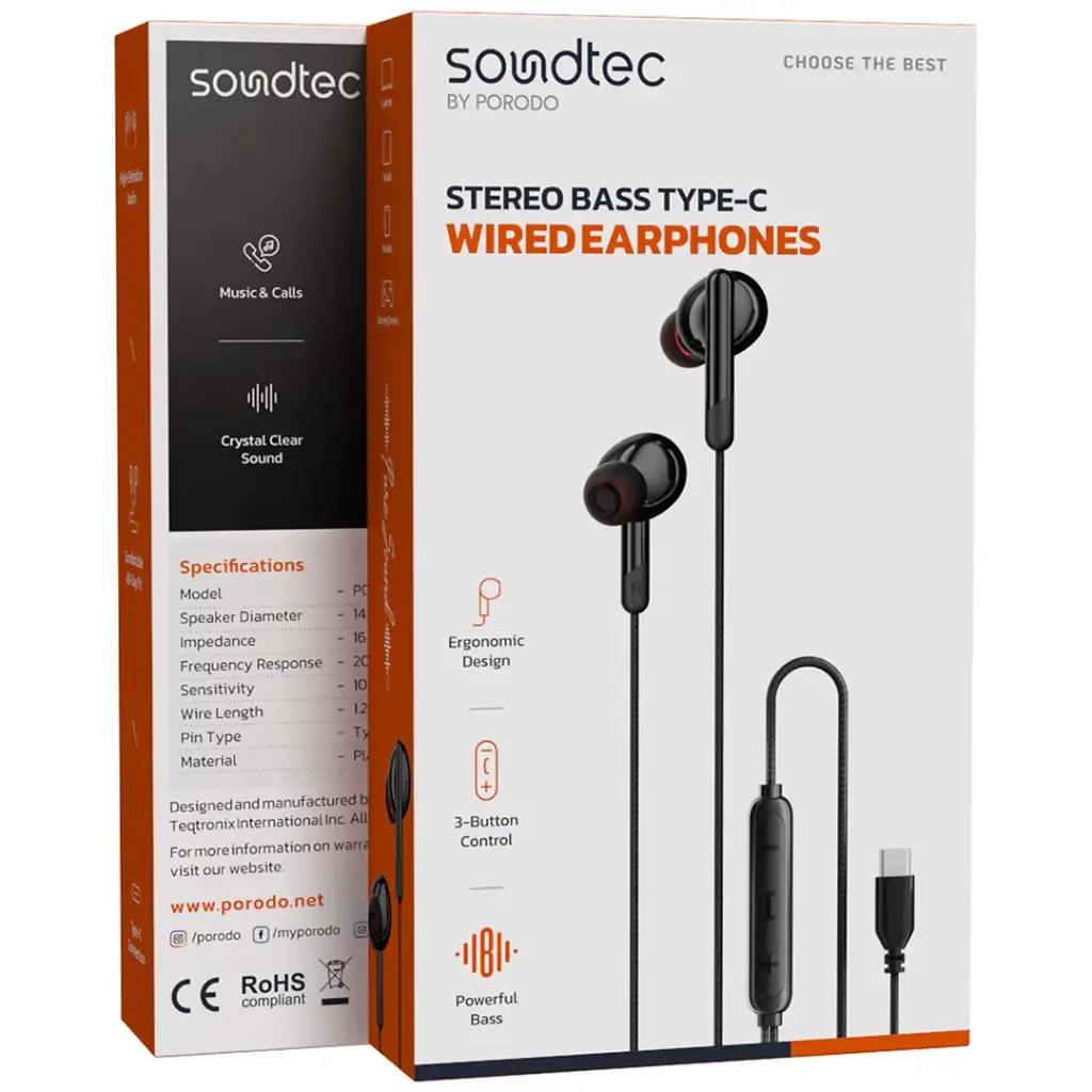 PORODO SOUNDTEC STEREO BASS TYPE C WIRED EARPHONES BLACK PD3BWEC25BK - Image 2