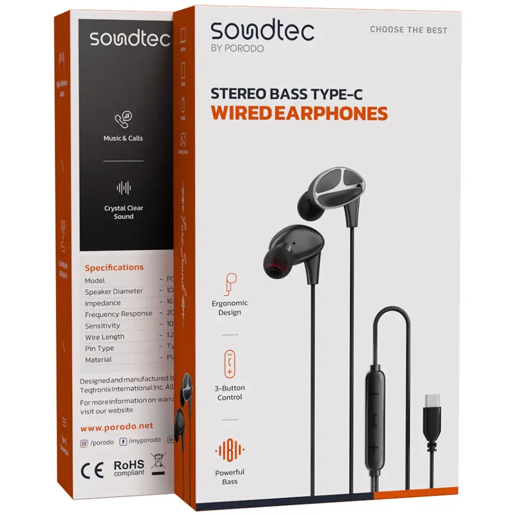 PORODO SOUNDTEC STEREO BASS TYPE C WIRED EARPHONES BLACK PD3BWEC12BK - Image 2