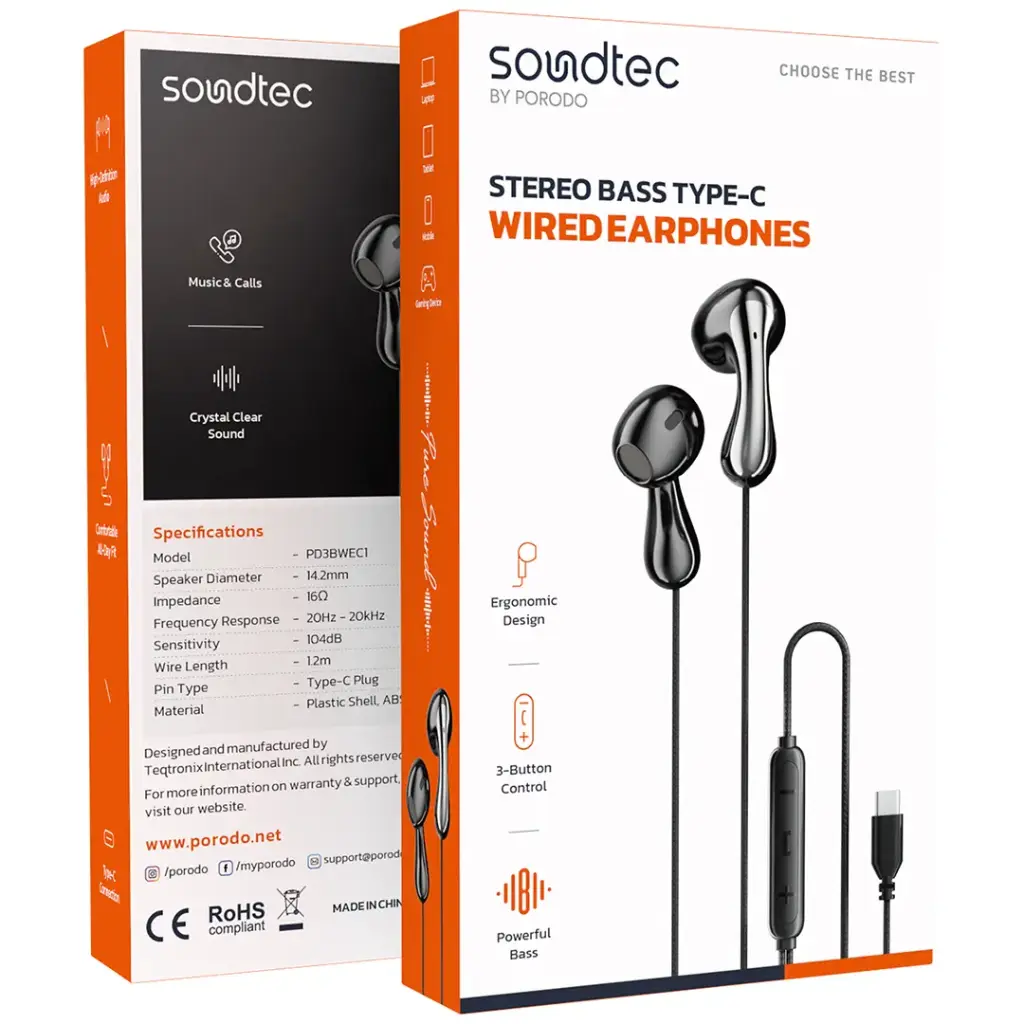 PORODO SOUNDTEC STEREO BASS TYPE C WIRED EARPHONES BLACK PD3BWEC1BK - Image 2
