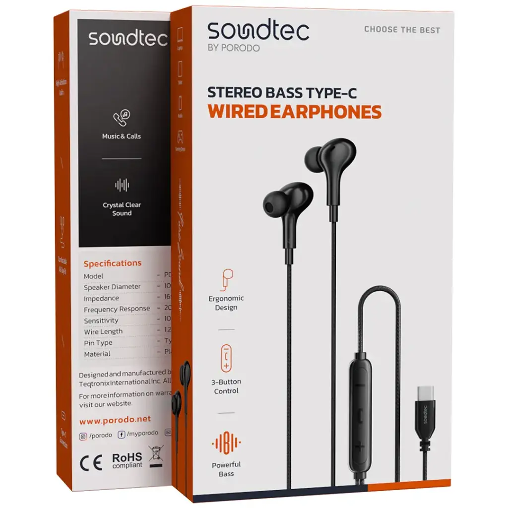 PORODO SOUNDTEC STEREO BASS TYPE C WIRED EARPHONES BLACK PD3BWEC3BK - Image 2