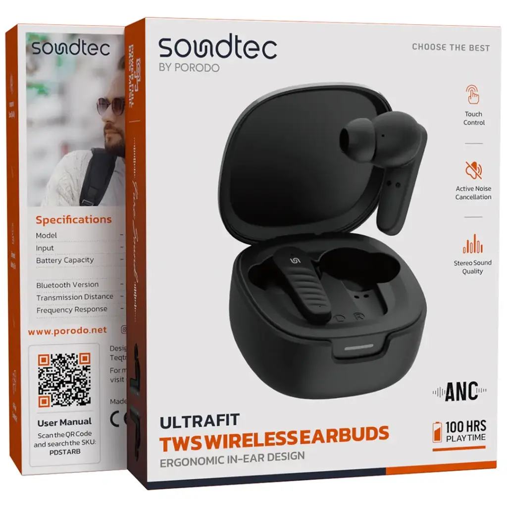 PORODO SOUNDTEC ULTRAFIT TWS WIRELESS EARBUDS ERGONOMIC IN EAR DESIGN BLACK PDSTARBBK - Image 5