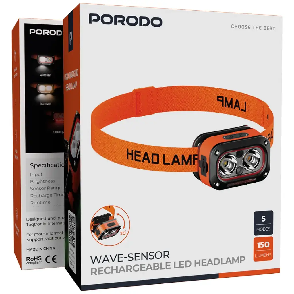 PORODO WAVE SENSOR RECHARGEABLE LED HEADLAMP ORANGE PDHDG08OG - Image 3