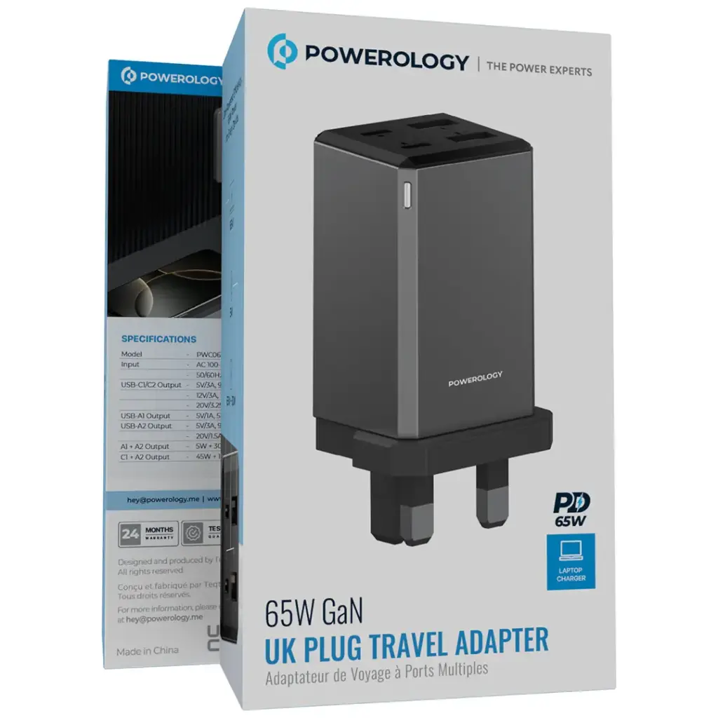 POWEROLOGY 65W GAN UK PLUG TRAVEL ADAPTER GRAY PWCUQC063GR - Image 2