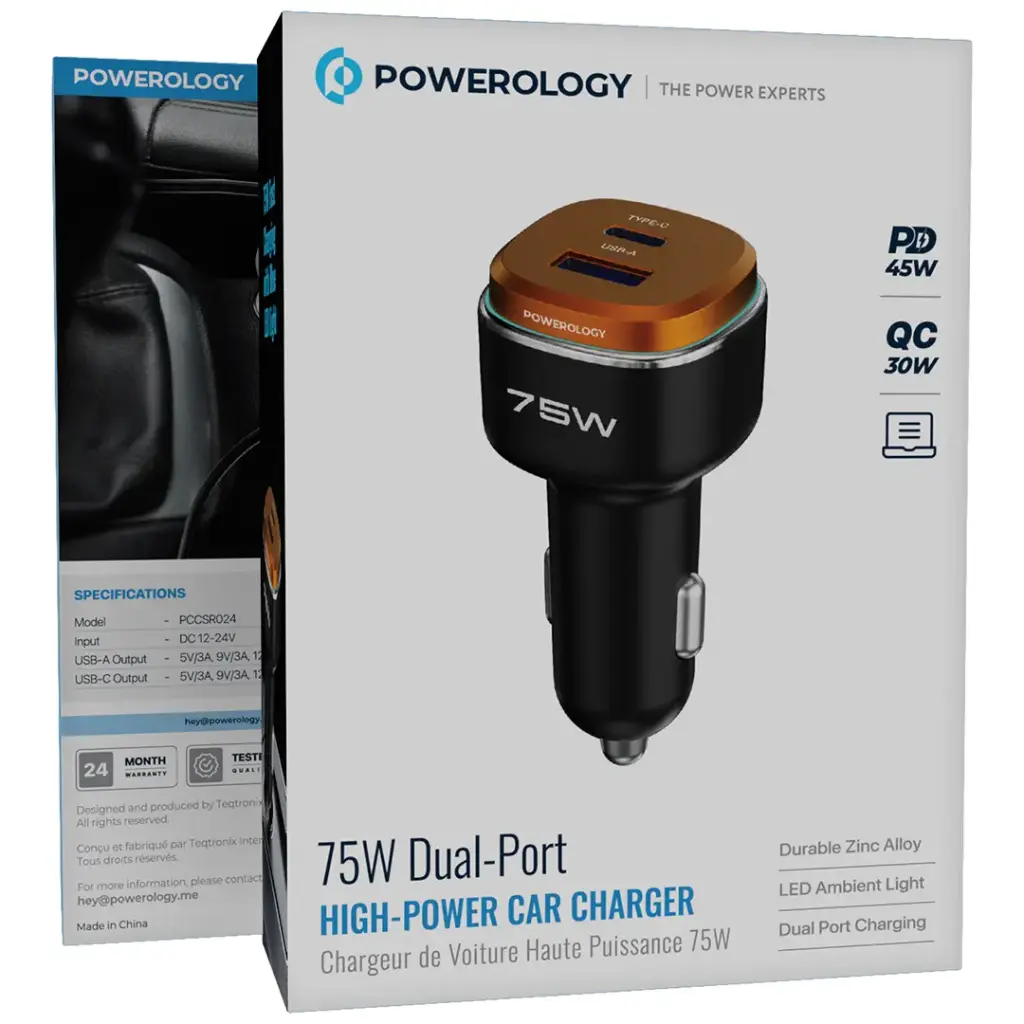POWEROLOGY 75W DUAL PORT HIGH POWER CAR CHARGER BLACK/ORANGE PCCSR024BKOG - Image 2