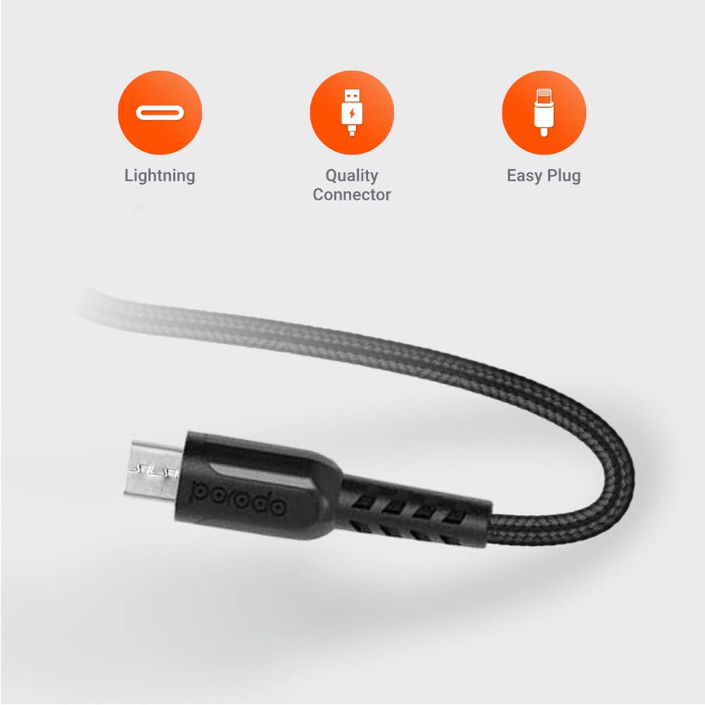 PORODO METTALIC CABLE BRAIDED 2A WITH MICRO USB CONNECTOR BLACK PD-MMETRP025-BK - Image 4