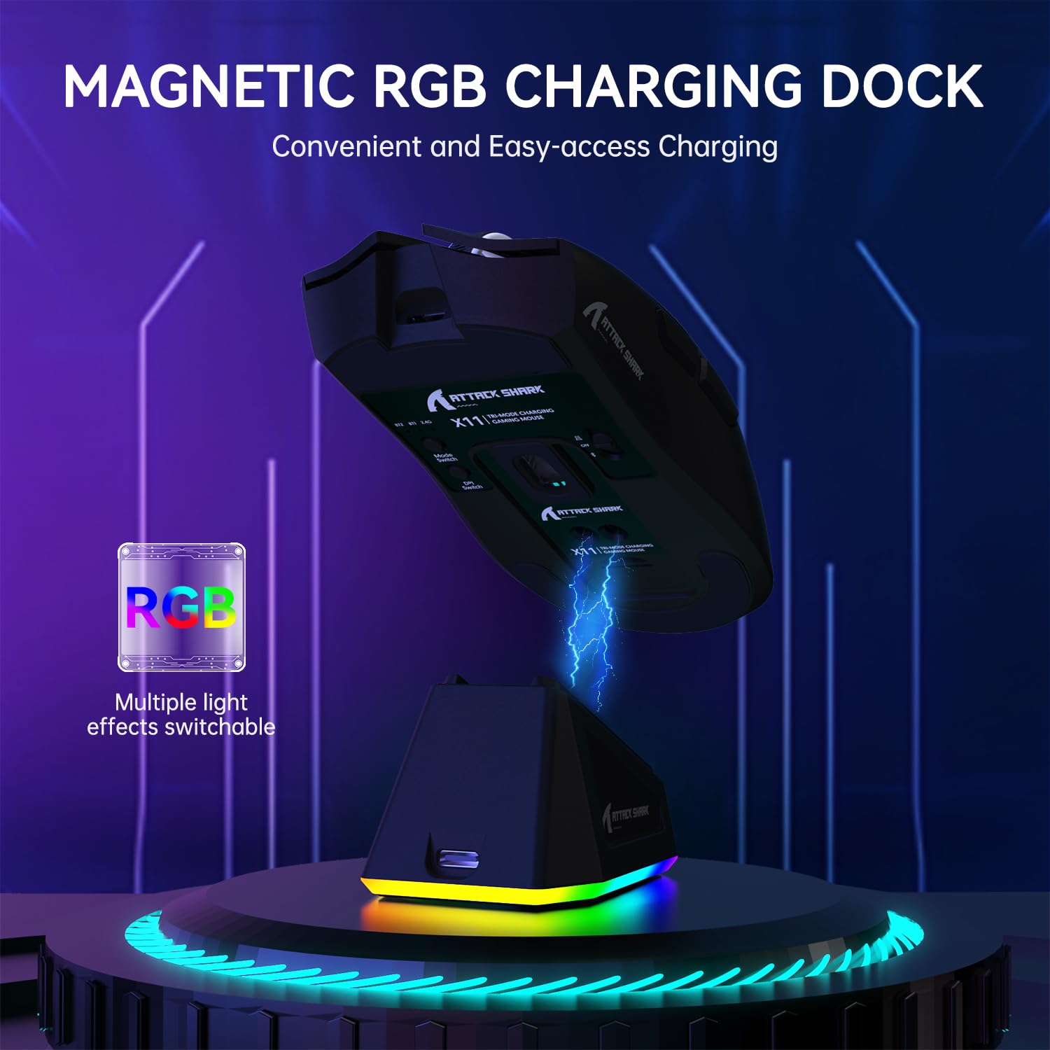 ATTACK SHARK LIGHTWEIGHT WIRELESS GAMING MOUSE WITH RGB CHARGING DOCK BLACK X11 - Image 4