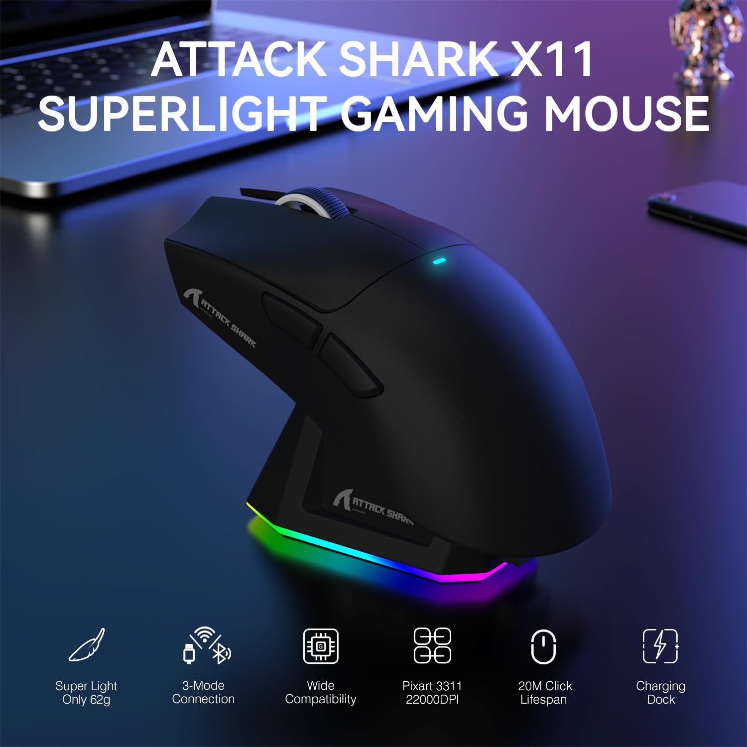 ATTACK SHARK LIGHTWEIGHT WIRELESS GAMING MOUSE WITH RGB CHARGING DOCK BLACK X11 - Image 3