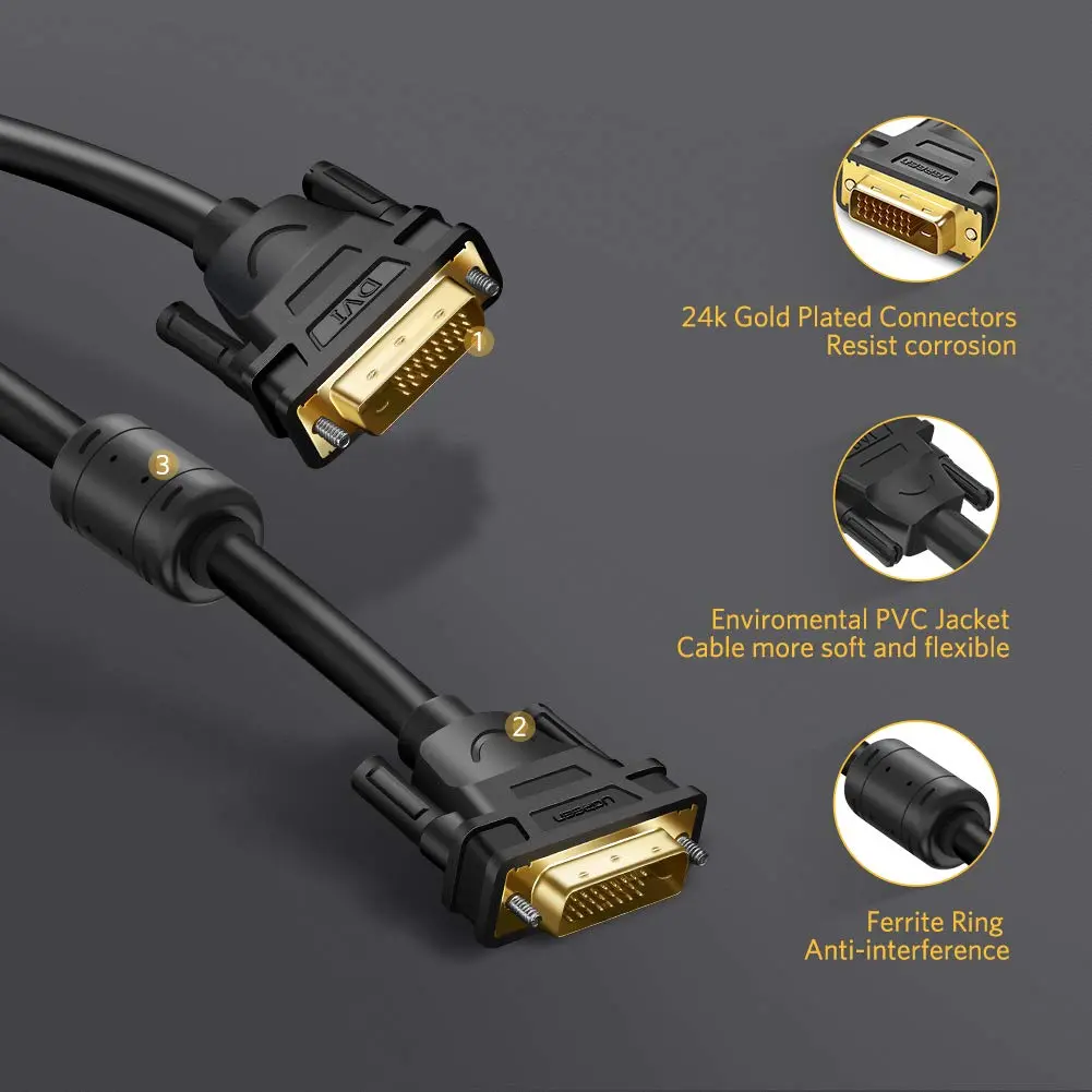 UGREEN DVI (24+1) MALE TO MALE CABLE GOLD PLATED 2M BLACK 11604 - Image 4