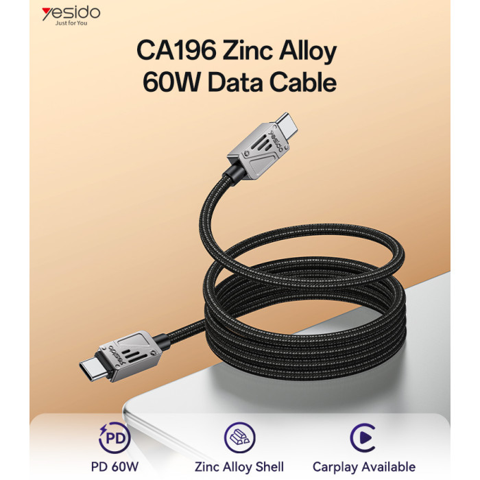 YESIDO 60W USB-C TO USB-C CABLE 1.2M BLACK CA196 - Image 2
