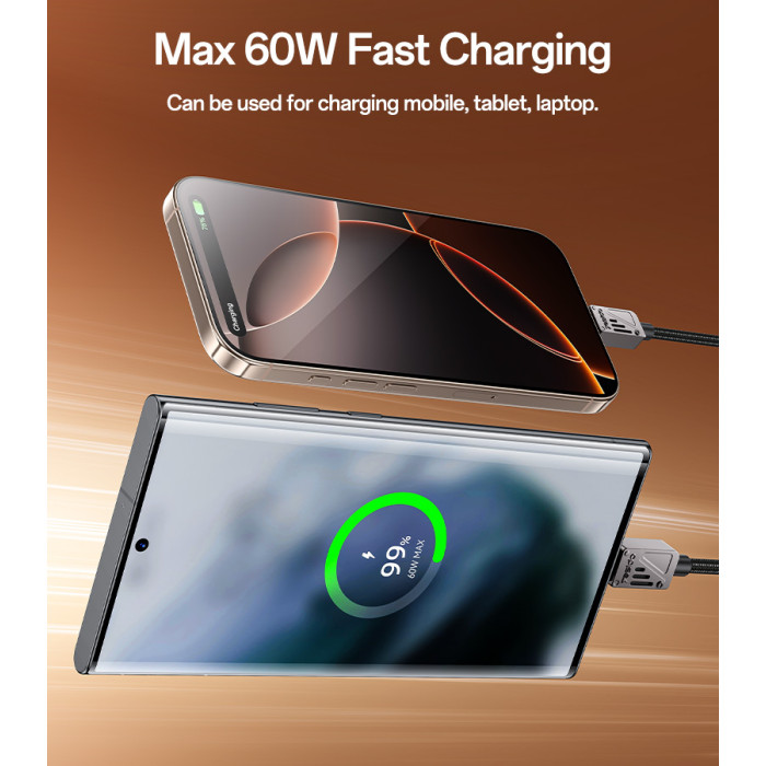 YESIDO 60W USB-C TO USB-C CABLE 1.2M BLACK CA196 - Image 4