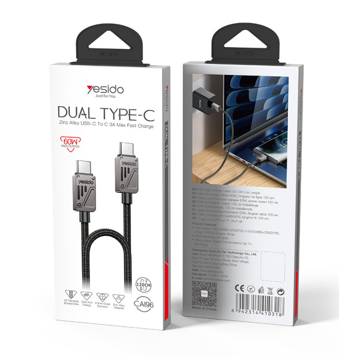 YESIDO 60W USB-C TO USB-C CABLE 1.2M BLACK CA196 - Image 5