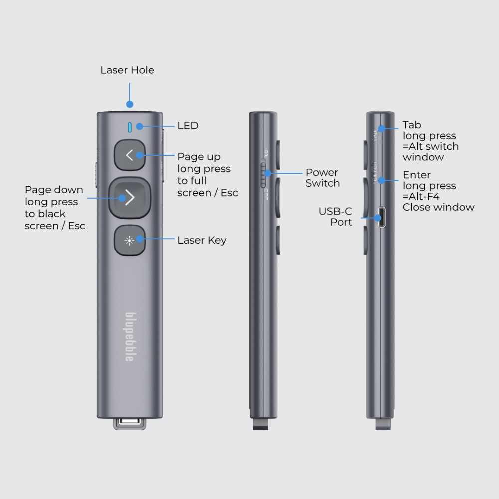 BLUPEBBLE WAND REMOTE BT PRESENTER WITH USB A & USB C RECEIVER GREY BP-WANDBT-GY - Image 4