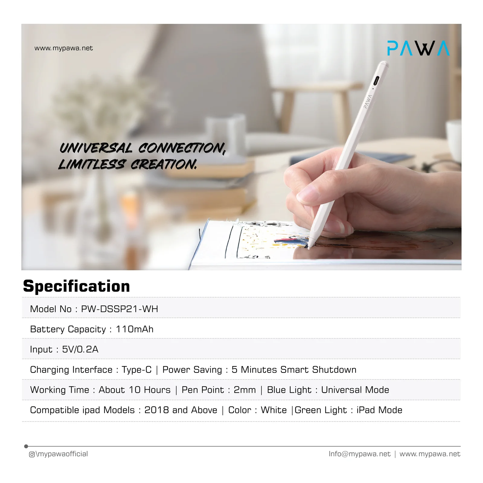 PAWA DUAL SYSTEM UNIVERSAL PENCIL WITH PALM REJECTION WHITE PW-DSSP21-WH - Image 5