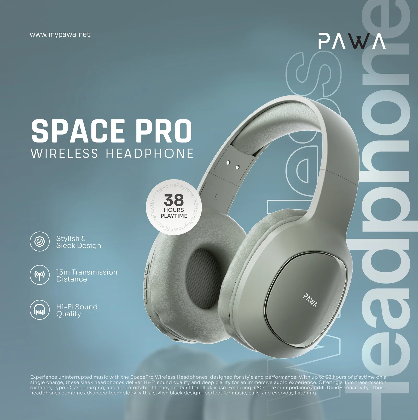 PAWA SPACE PRO WIRELESS HEADPHONE OLIVE GREEN PW-HFIAN100-OG - Image 4
