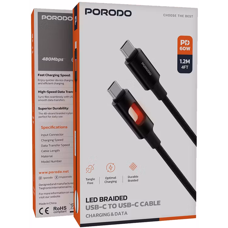 PORODO LED BRAIDED PD 60W USB C TO USB C CABLE CHARGING & DATA TRANSFER BLACK PDCBLXGH04BK - Image 3