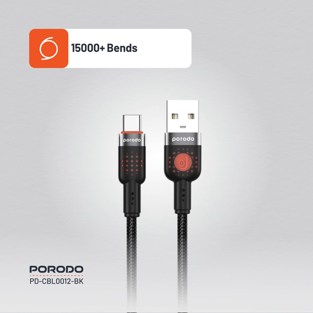 PORODO LED BRAIDED USB A TO USB C CABLE CHARGING & DATA TRANSFER BLACK PDCBLXGH02BK - Image 10