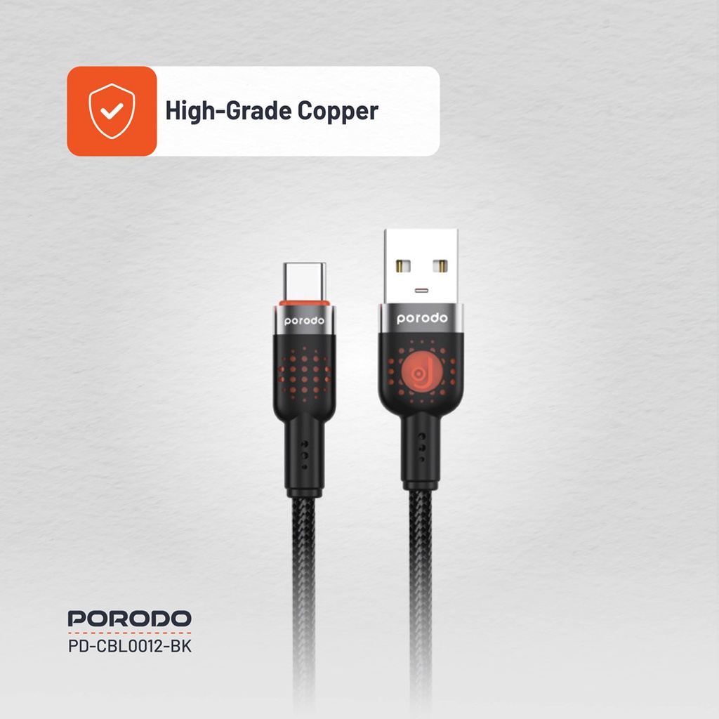 PORODO LED BRAIDED USB A TO USB C CABLE CHARGING & DATA TRANSFER BLACK PDCBLXGH02BK - Image 9