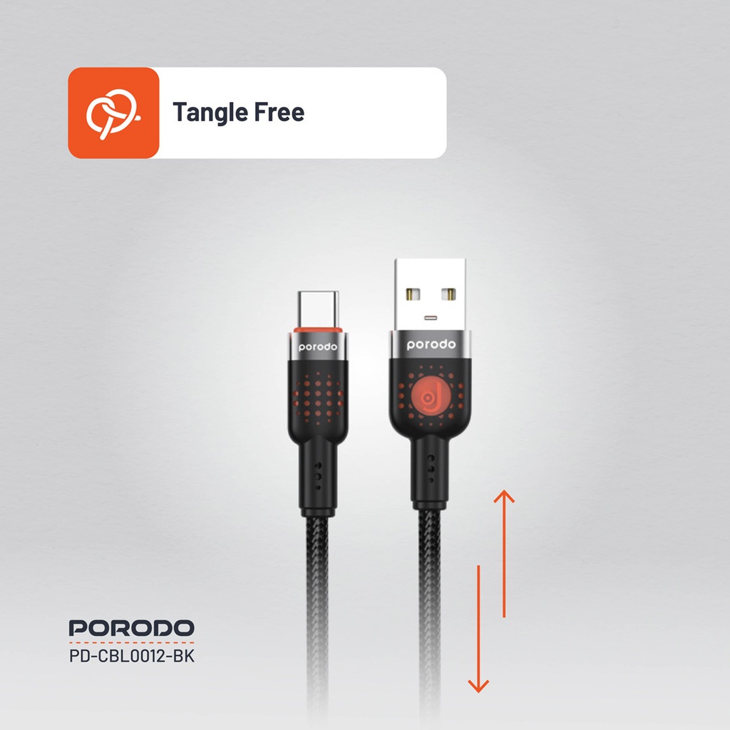 PORODO LED BRAIDED USB A TO USB C CABLE CHARGING & DATA TRANSFER BLACK PDCBLXGH02BK - Image 8