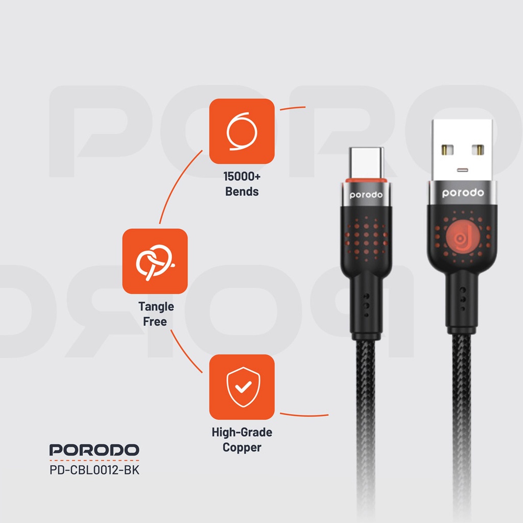 PORODO LED BRAIDED USB A TO USB C CABLE CHARGING & DATA TRANSFER BLACK PDCBLXGH02BK - Image 7