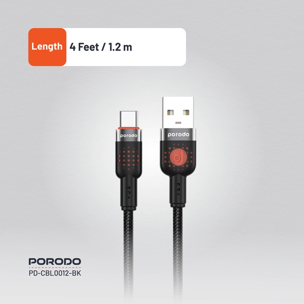 PORODO LED BRAIDED USB A TO USB C CABLE CHARGING & DATA TRANSFER BLACK PDCBLXGH02BK - Image 6