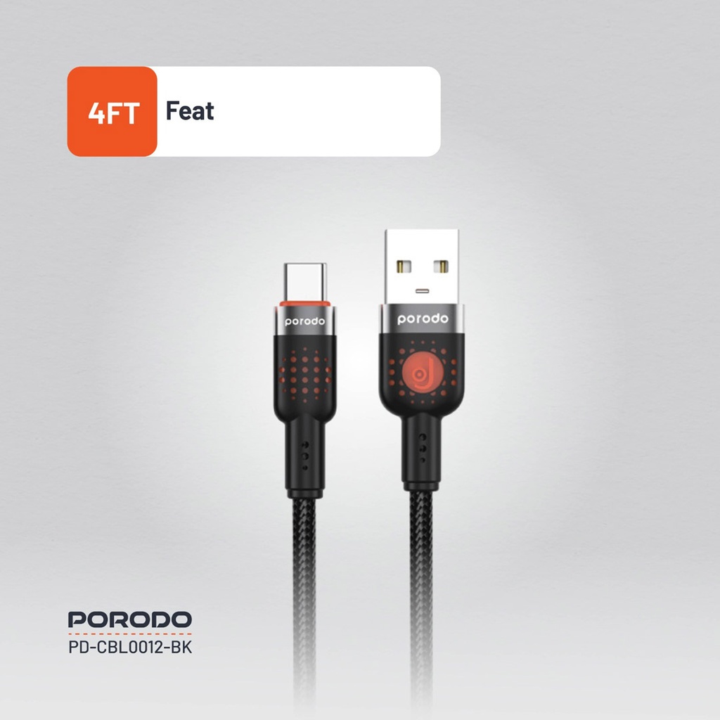 PORODO LED BRAIDED USB A TO USB C CABLE CHARGING & DATA TRANSFER BLACK PDCBLXGH02BK - Image 5