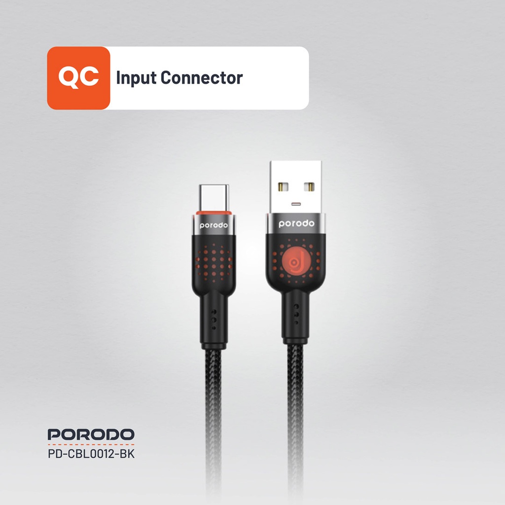 PORODO LED BRAIDED USB A TO USB C CABLE CHARGING & DATA TRANSFER BLACK PDCBLXGH02BK - Image 4