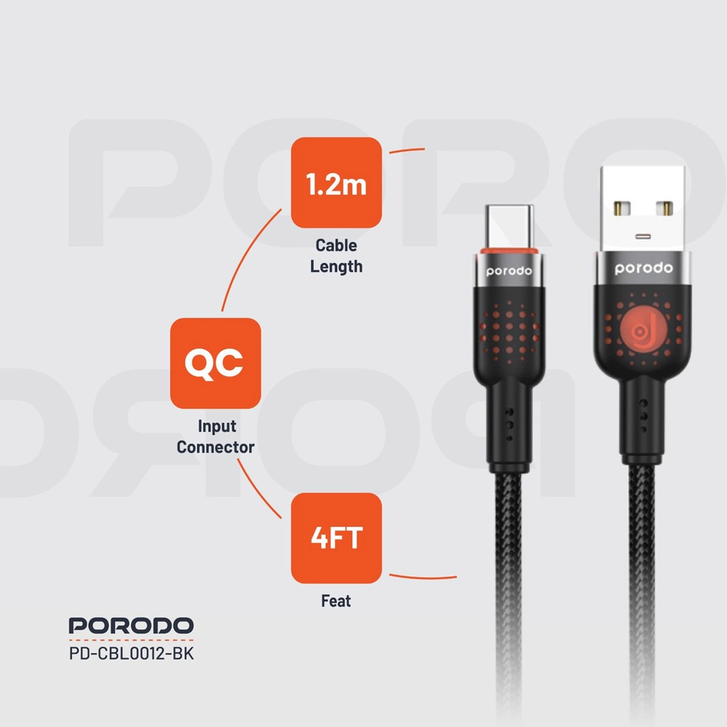 PORODO LED BRAIDED USB A TO USB C CABLE CHARGING & DATA TRANSFER BLACK PDCBLXGH02BK - Image 3