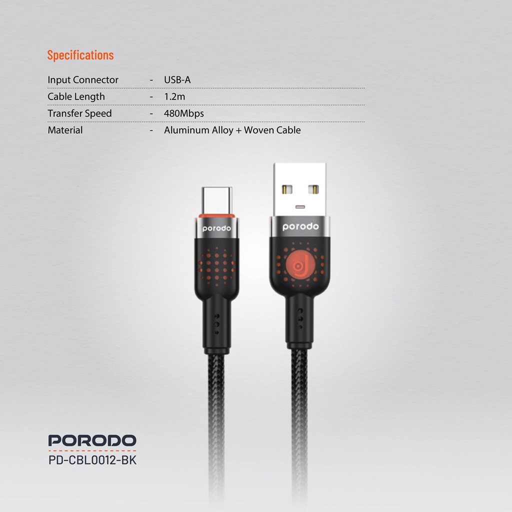 PORODO LED BRAIDED USB A TO USB C CABLE CHARGING & DATA TRANSFER BLACK PDCBLXGH02BK - Image 2