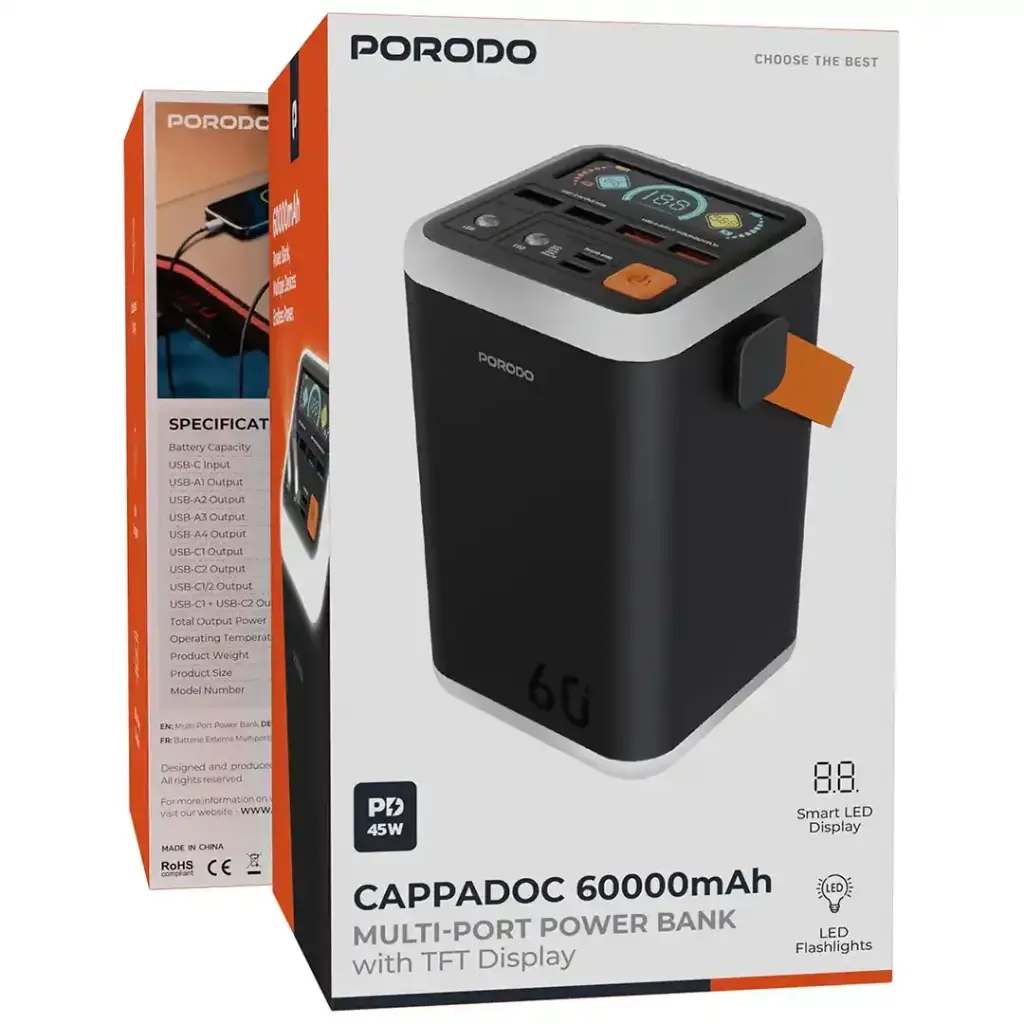 PORODO CAPPADOC 60000MAH MULTI PORT POWER BANK WITH TFT DISPLAY BLACK PDPBFCH4560BK - Image 2