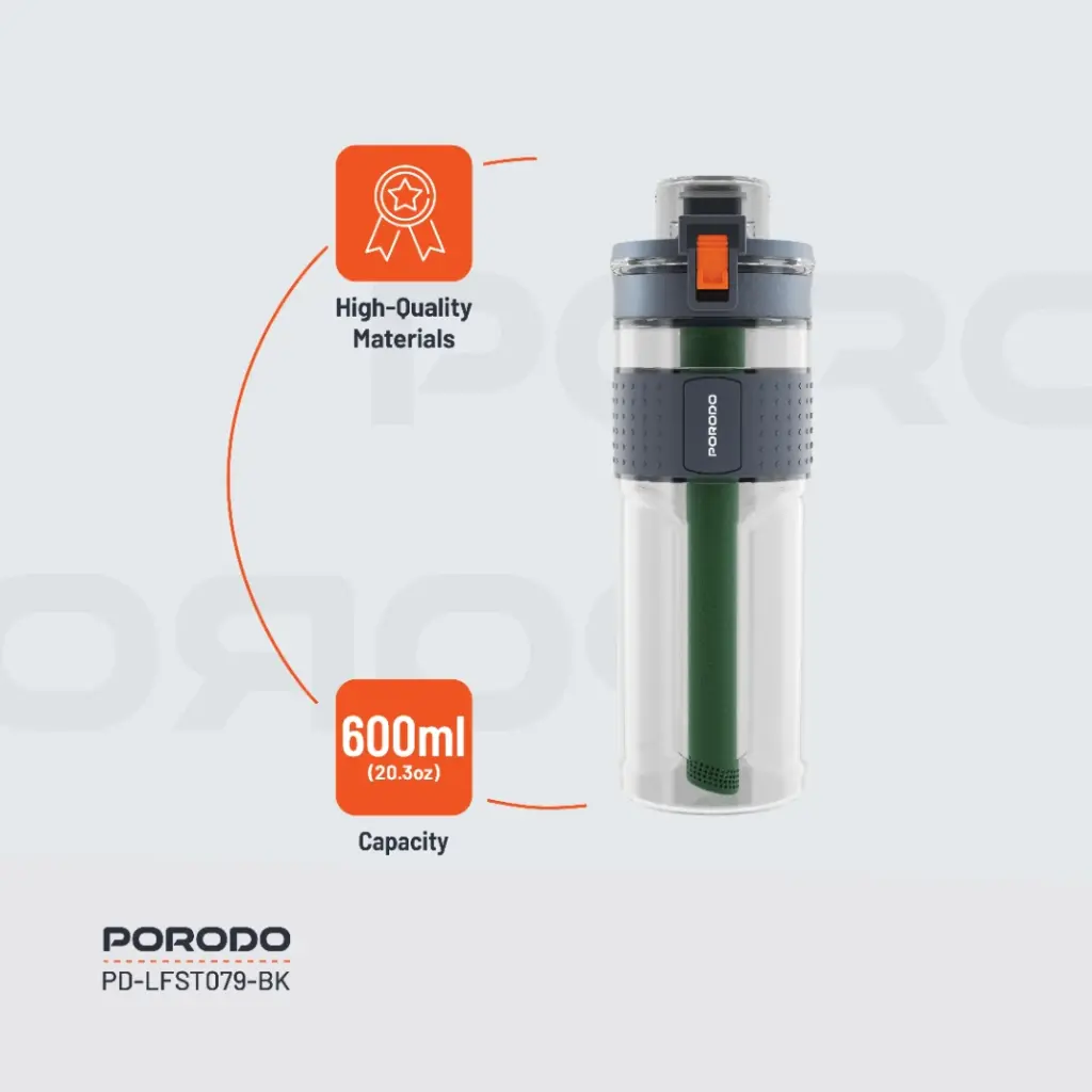 PORODO LIFESTYLE 2 STAGE FILTRATION WATER BOTTLE 600ML BLACK PD-LFST079-BK - Image 6