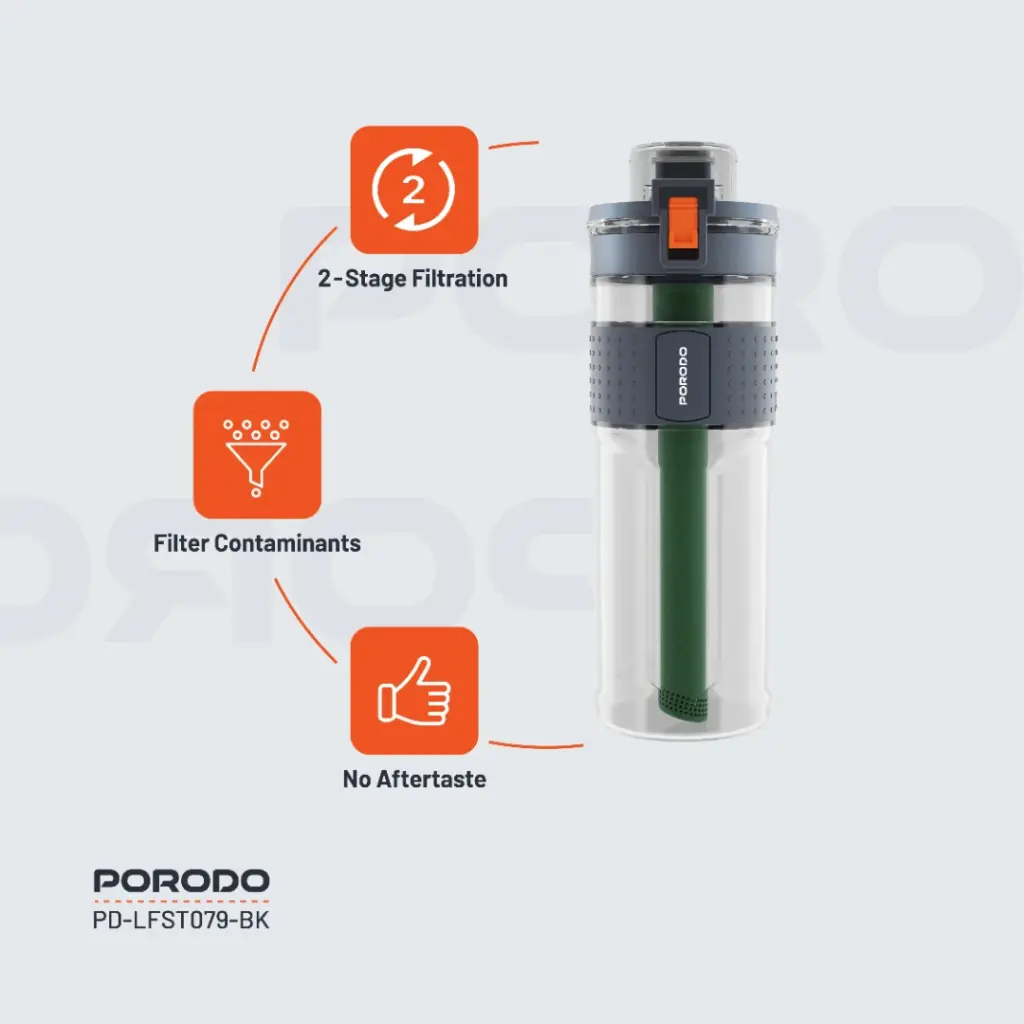 PORODO LIFESTYLE 2 STAGE FILTRATION WATER BOTTLE 600ML BLACK PD-LFST079-BK - Image 2
