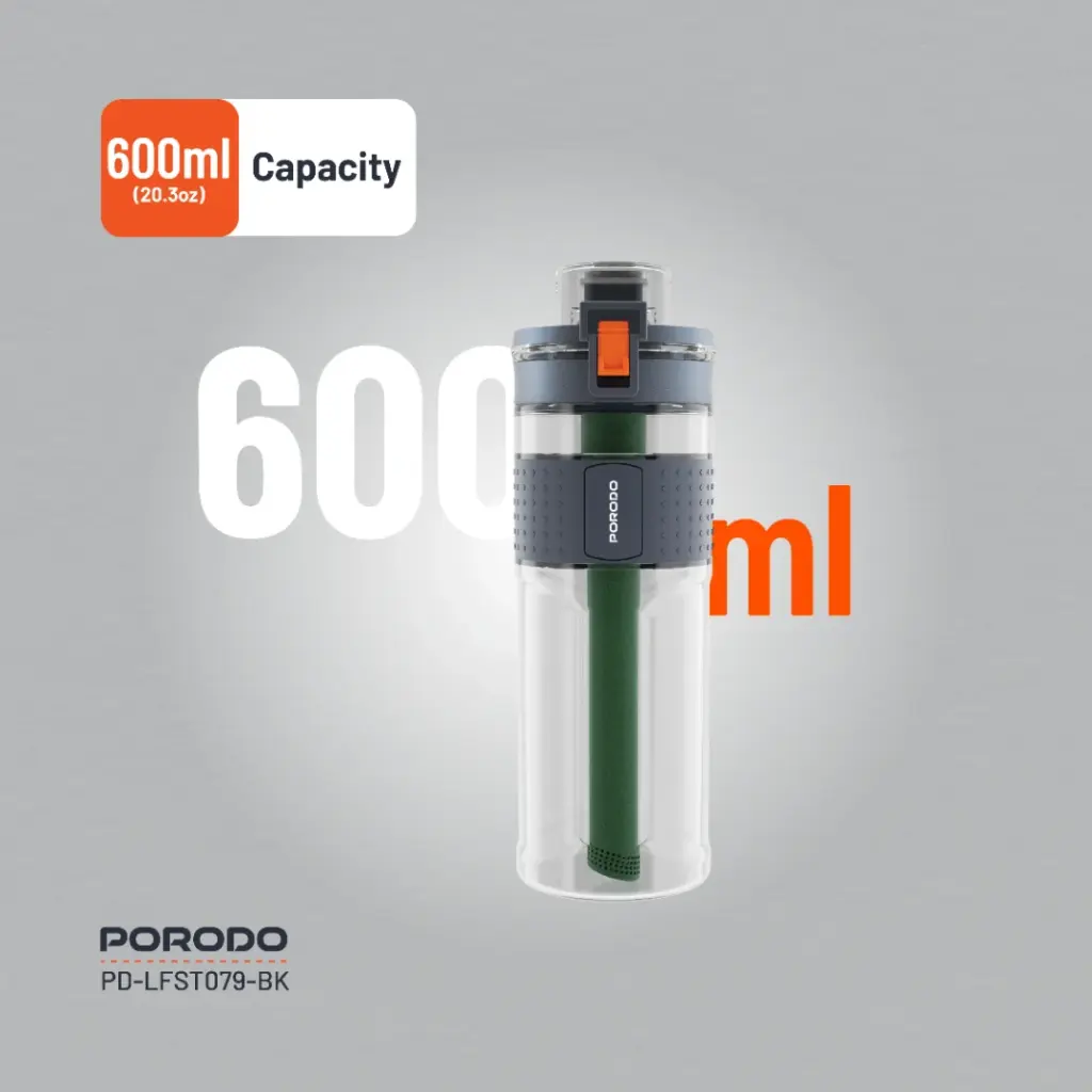 PORODO LIFESTYLE 2 STAGE FILTRATION WATER BOTTLE 600ML BLACK PD-LFST079-BK - Image 8