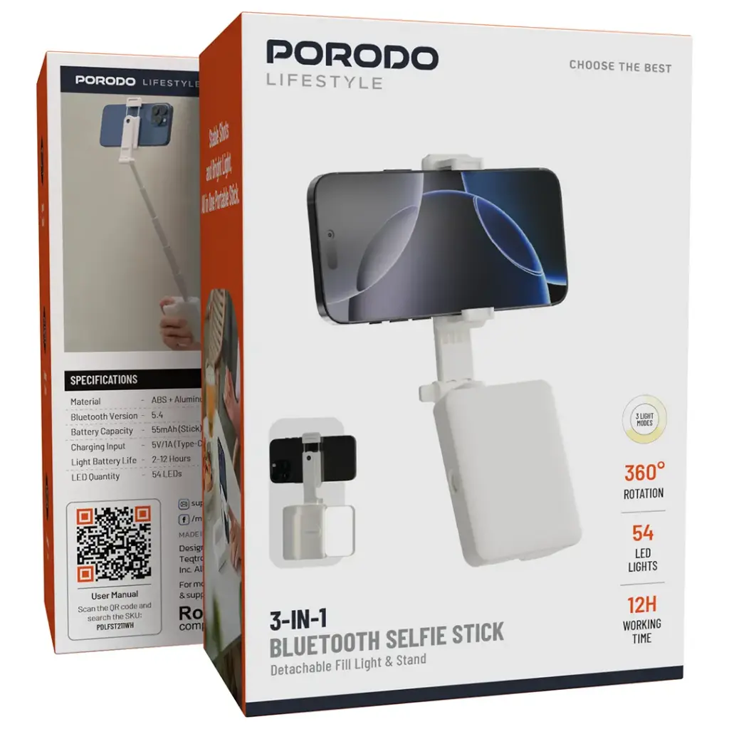 PORODO LIFESTYLE 3 IN 1 BLUETOOTH SELFIE STICK WHITE PDLFST211WH - Image 5