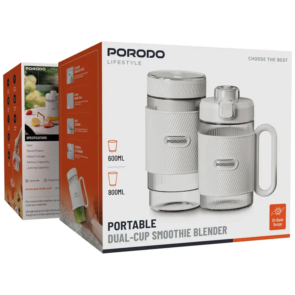 PORODO LIFESTYLE PORTABLE DUAL CUP SMOOTHIE BLENDER WHITE PDGCZ0710WH - Image 4