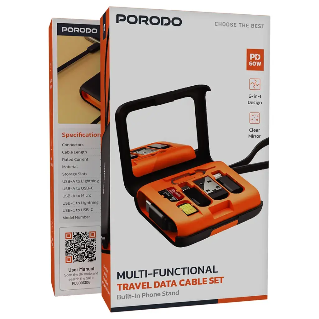 PORODO MULTI FUNCTIONAL TRAVEL DATA CABLE SET ORANGE PDS0013OG - Image 3