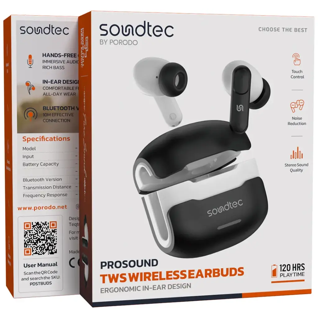 PORODO SOUNDTEC PROSOUND TWS WIRELESS EARBUDS BLACK PDSTBUDSBK - Image 5