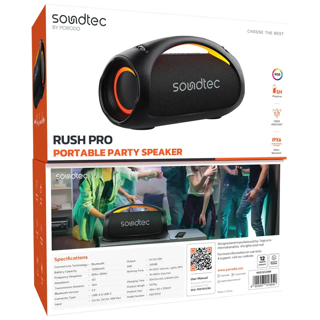 PORODO SOUNDTECH RUSH PRO PORTABLE PARTY SPEAKER BLACK PDSTES31BK - Image 5