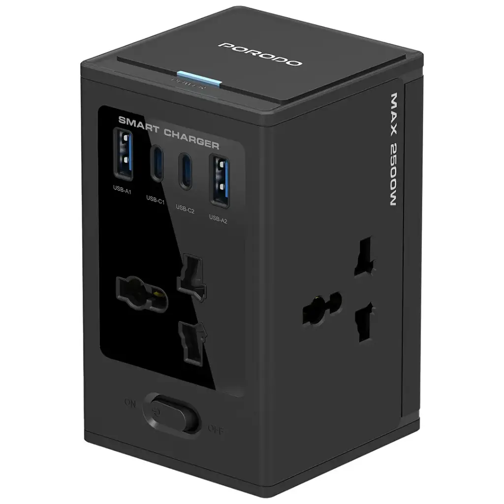 PORODO UNIVERSAL GAN MULTI PORT CUBE ADAPTER WITH 4 AC SOCKETS BLACK PDUNS8430BK - Image 2