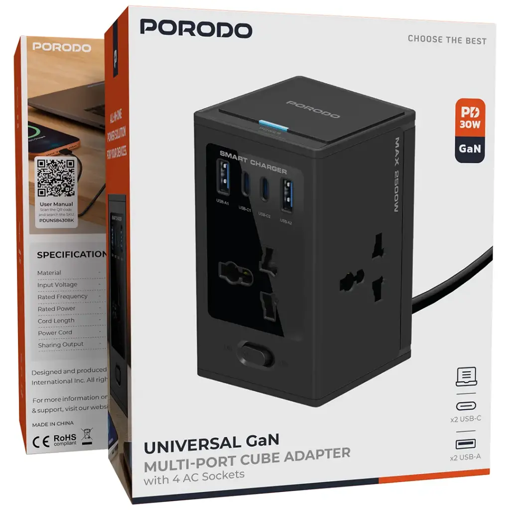 PORODO UNIVERSAL GAN MULTI PORT CUBE ADAPTER WITH 4 AC SOCKETS BLACK PDUNS8430BK - Image 4