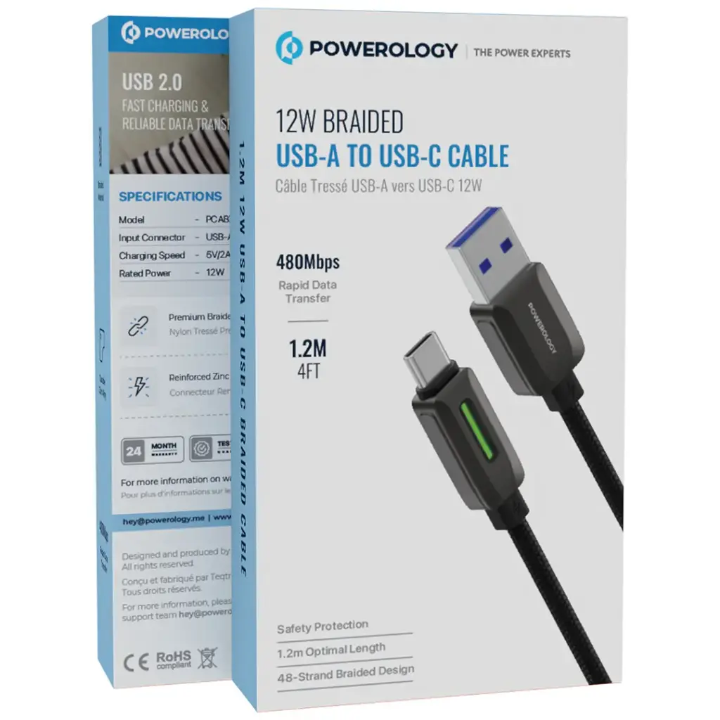POWEROLOGY 12W BRAIDED USB A TO USB C CABLE BLACK PCABXGH122BK - Image 3