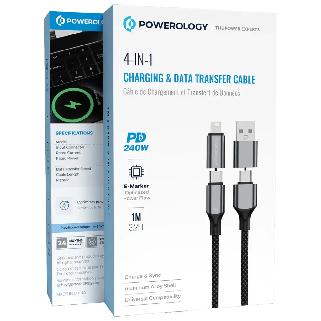 POWEROLOGY 4 IN 1 CHARGING AND DATA TRANSFER CABLE 240W 1M BLACK PWMHZA240WBK - Image 2