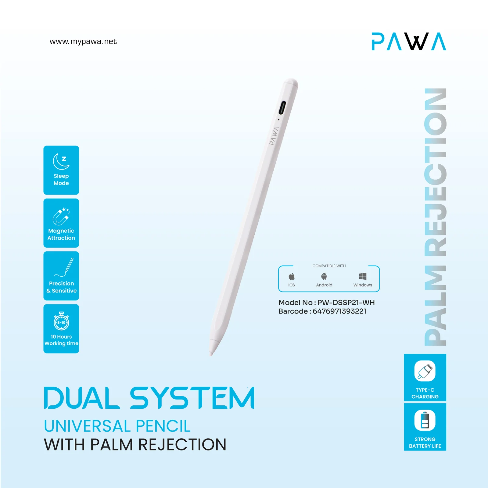 PAWA DUAL SYSTEM UNIVERSAL PENCIL WITH PALM REJECTION WHITE PW-DSSP21-WH - Image 4