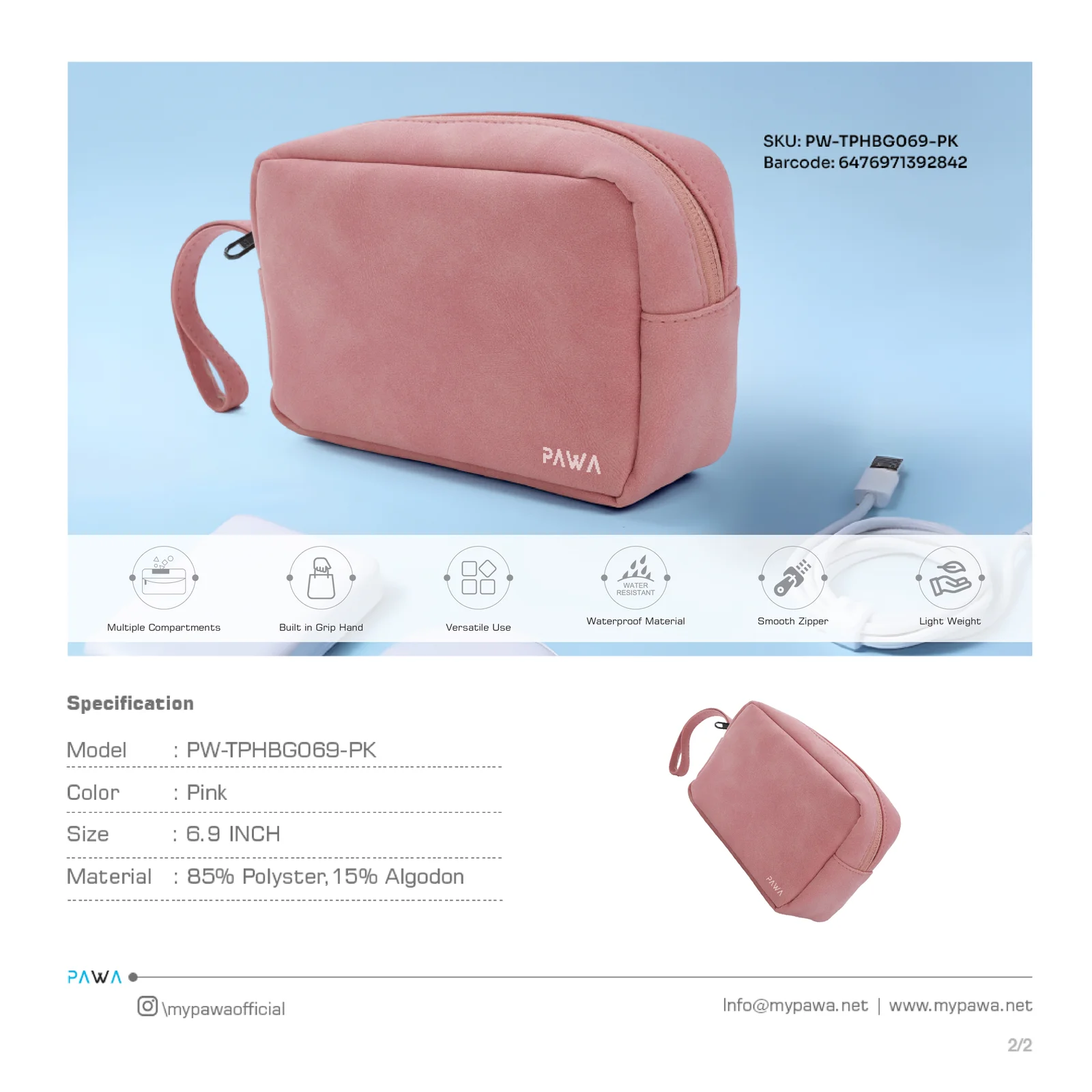PAWA BELLO TRAVEL POUCH PINK PW-TPHBG069-PK - Image 4