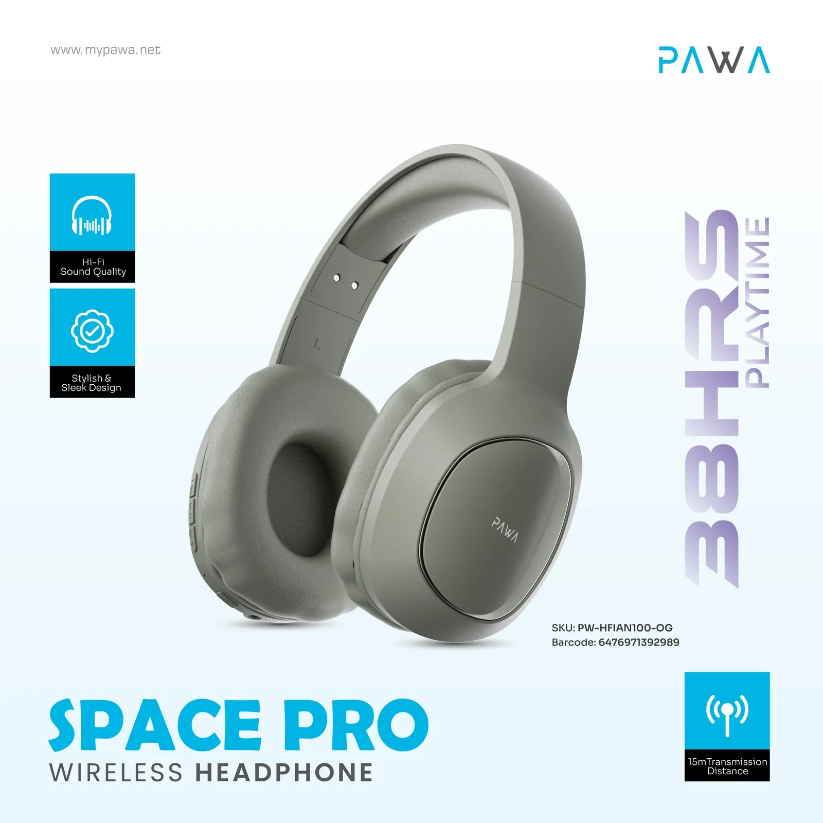PAWA SPACE PRO WIRELESS HEADPHONE OLIVE GREEN PW-HFIAN100-OG - Image 2